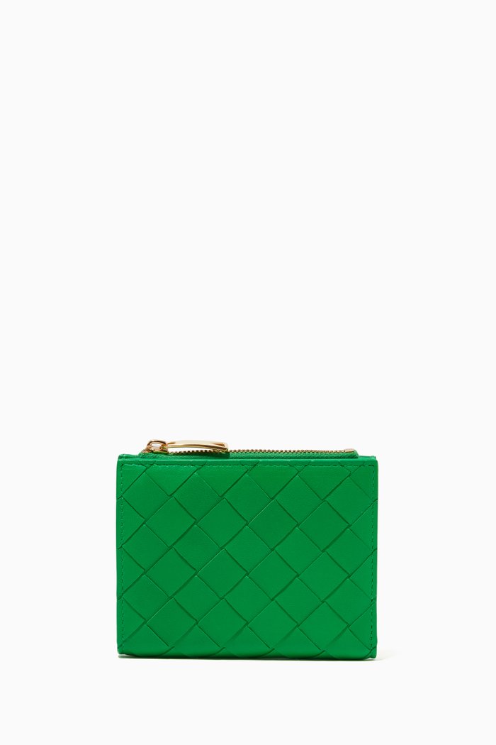 

Bi-fold Zipper Wallet in Intrecciato Leather, Green