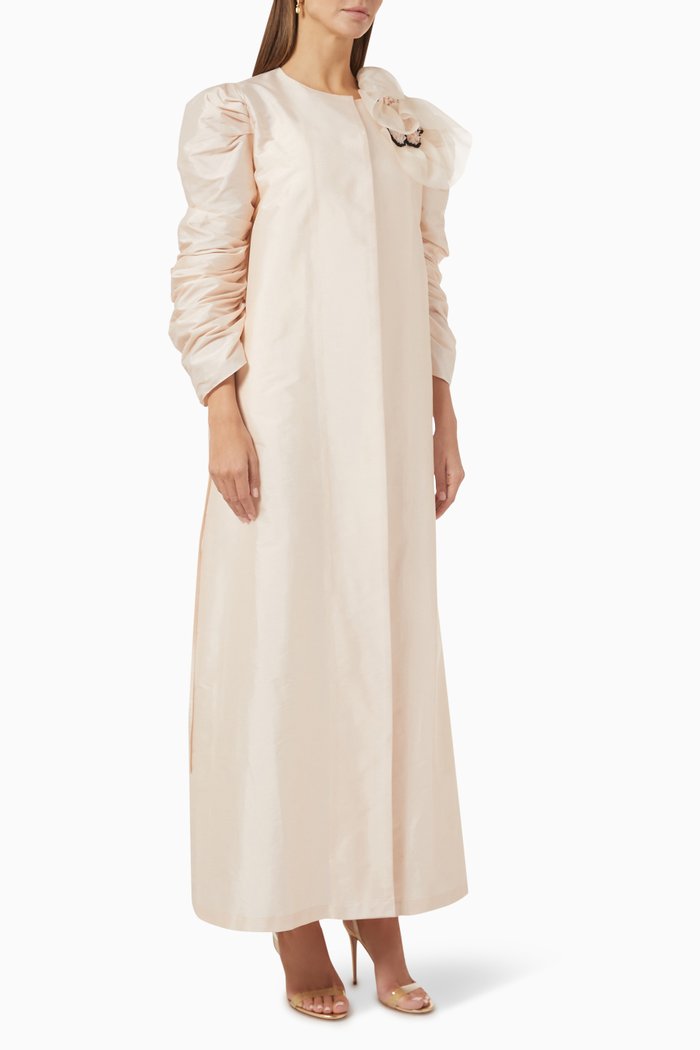 Floral Applique Abaya in Taffeta, Pink