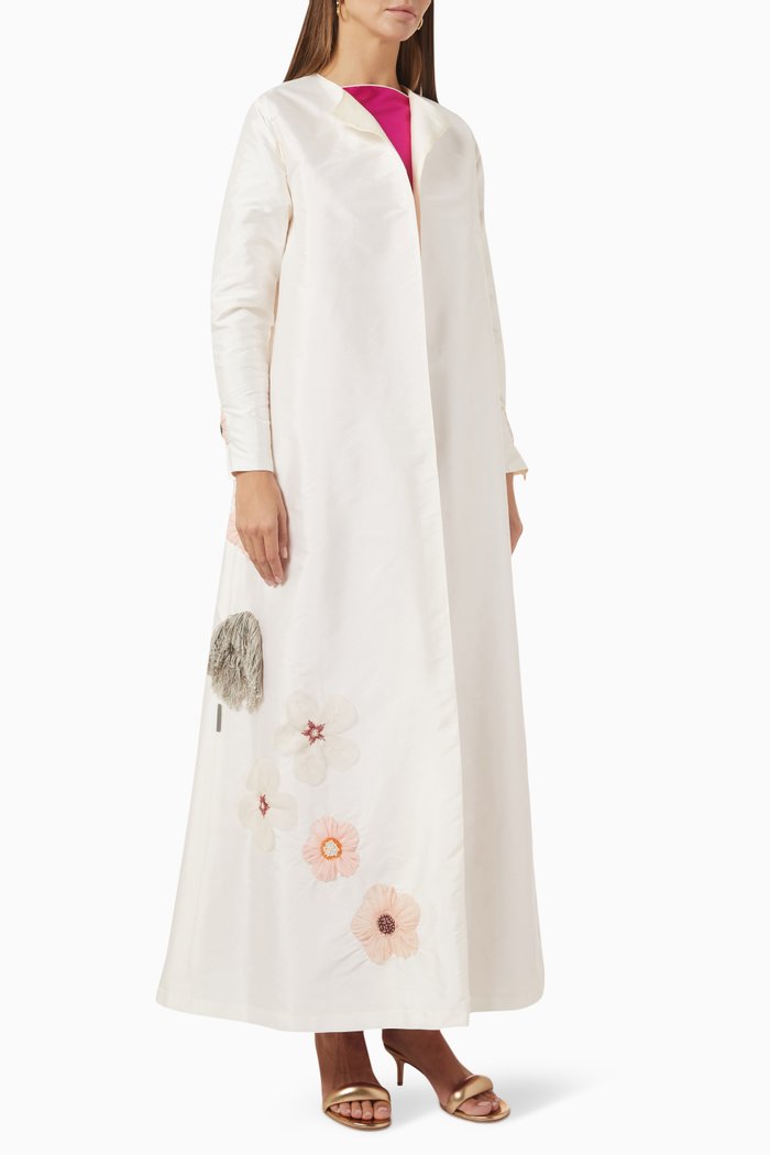 

Floral-embroidered Abaya in Taffeta, Neutral