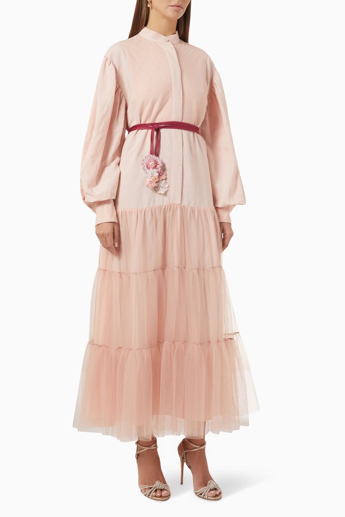 

Midi Dress in Linen & Tulle, Pink
