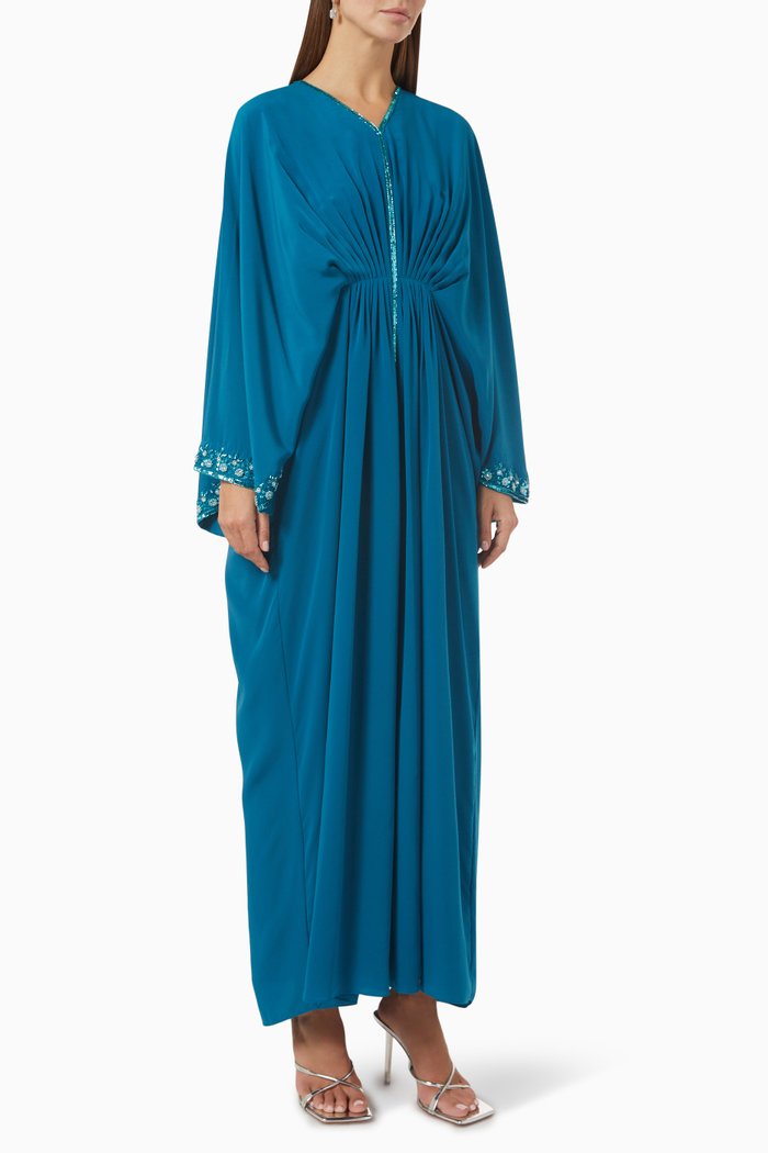 

Embellished Pleated Kaftan in Crepe, Blue