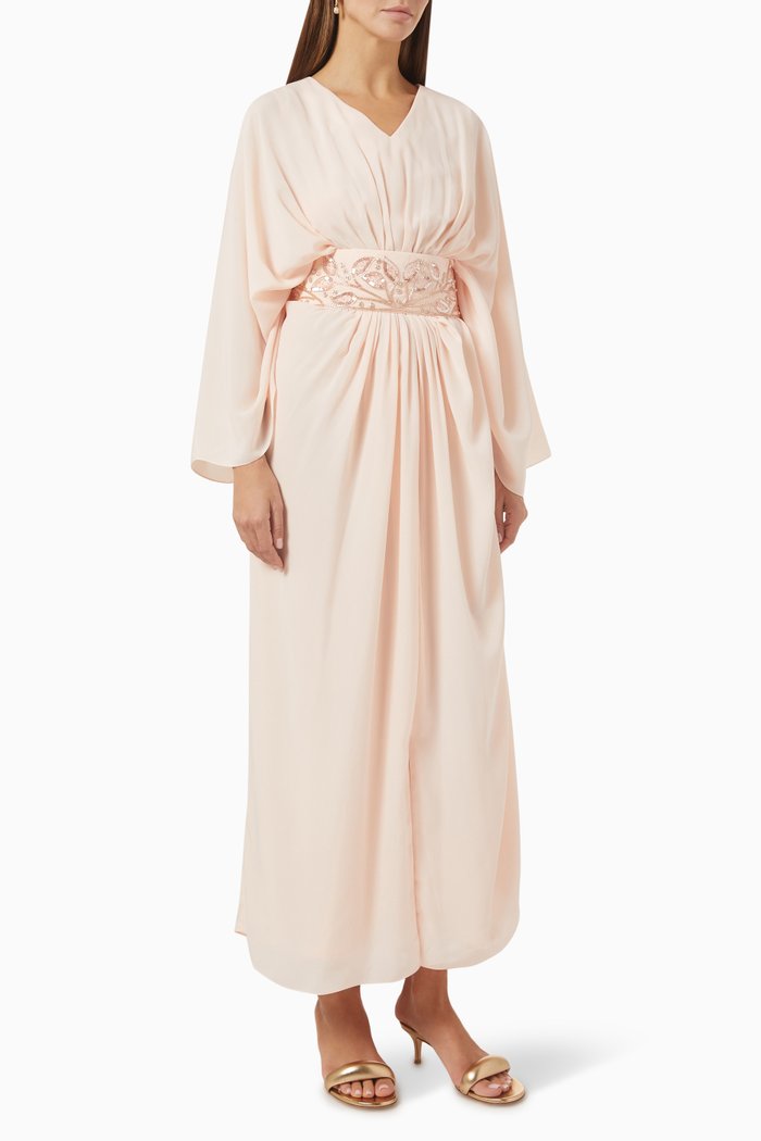 

Sequin-embellished Belted Kaftan in Crepe & Chiffon, Pink