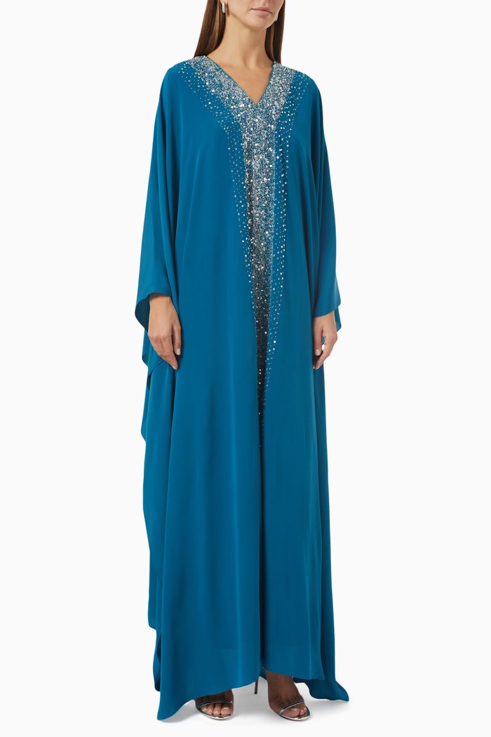 

Sequin Embellished Kaftan in Crepe, Blue