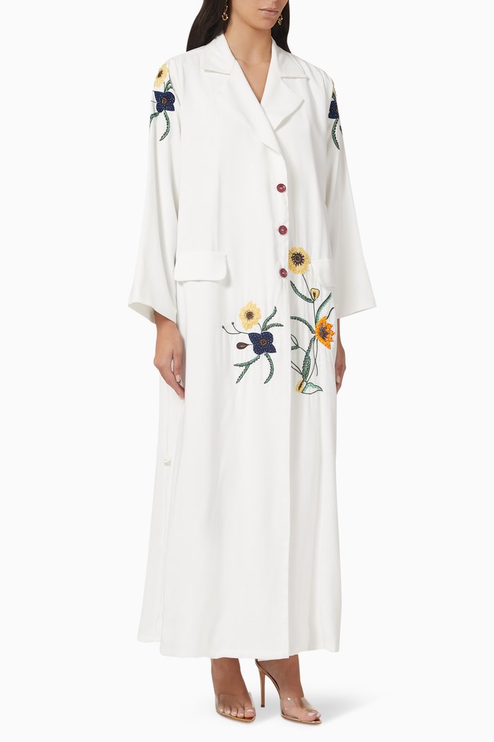 

Floral-embroidered Buttoned Abaya, White
