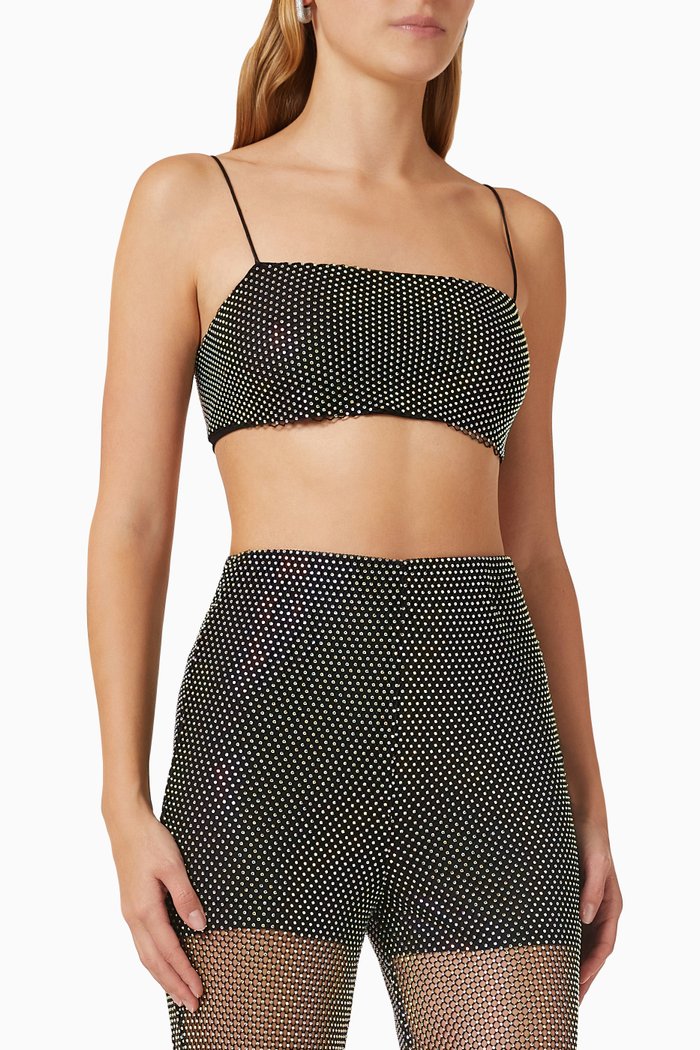 Crystal String Crop Top in Mesh, Black