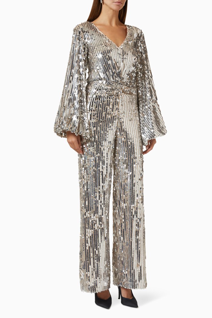 

Sirin Flared Jumpsuit in Sequin-mesh, Silver