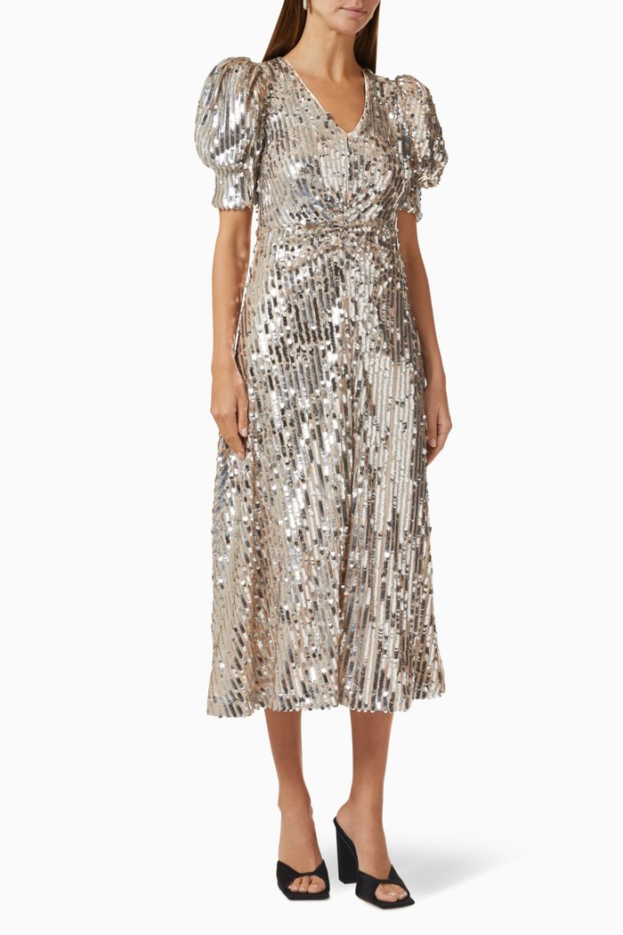 Sierina Midi Dress in Sequin-mesh, Silver