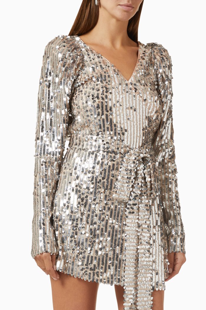 

Belted Mini Dress in Sequin-mesh, Silver