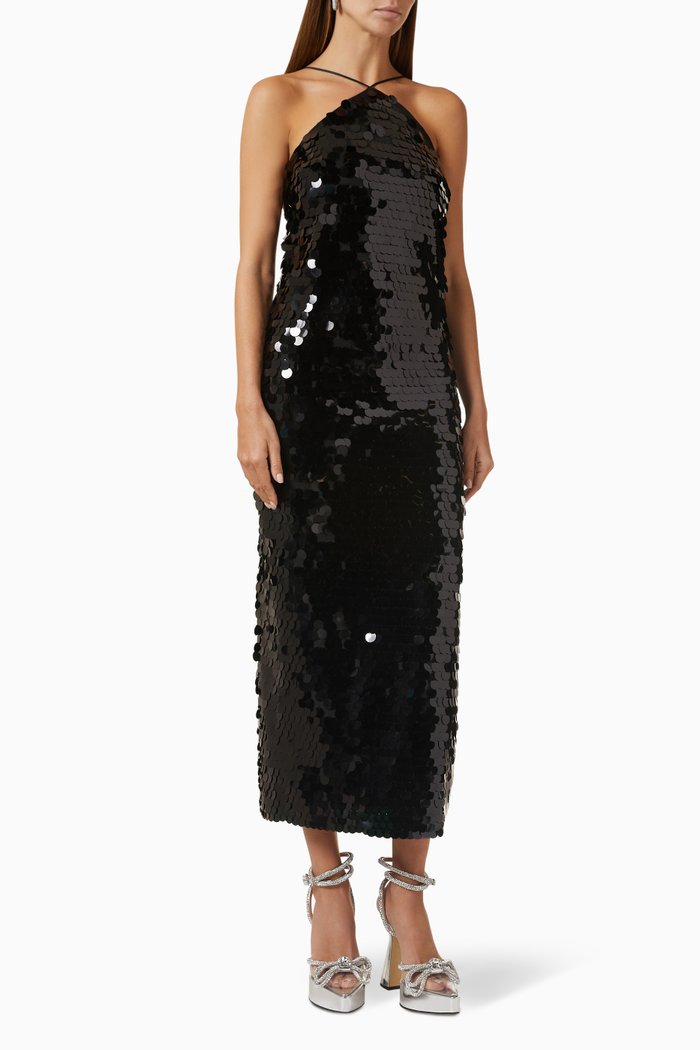 

Nunni Halter Midi Dress in Sequins, Black
