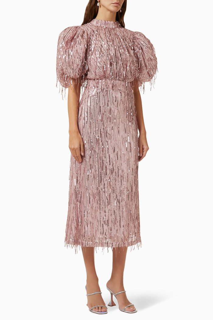 

Dawn Fringe Midi Dress in Sequin, Pink