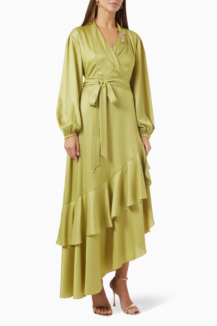 

Asymmetrical Ruffled Dress in Silk, Green