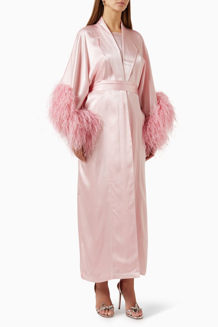 

Feather Trim Kaftan Set in Satin, Pink