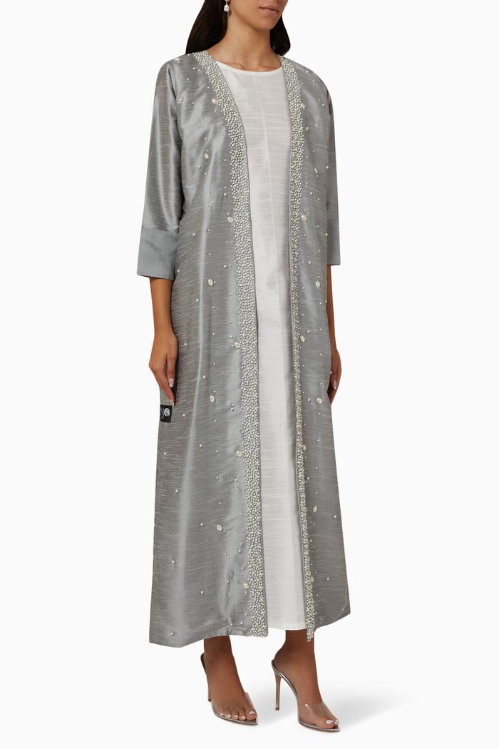Embellished Abaya Set in Silk, Grey