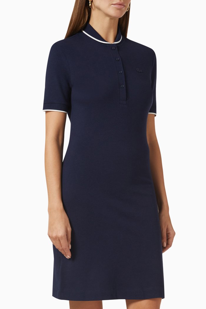 

Striped Neck Flowy Polo Dress in Lyocell, Blue