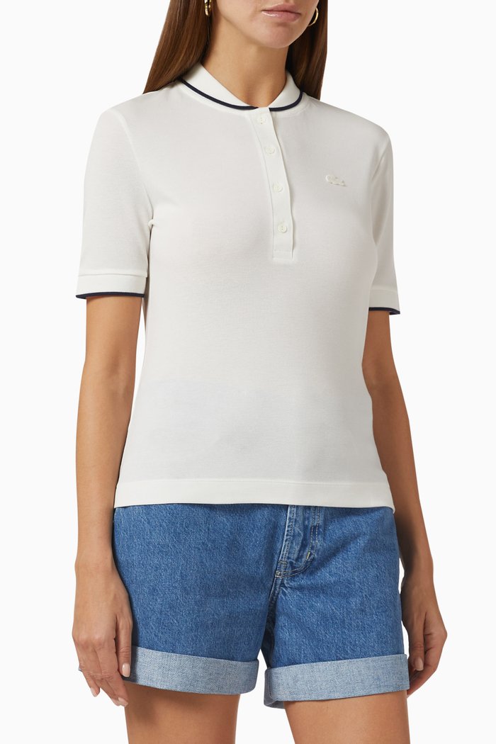 

Striped Collar Polo Shirt in Flowy Piqué, White