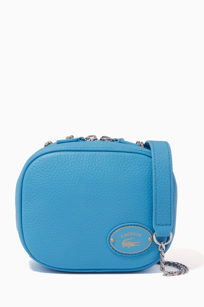 

Small Square Camera Bag in Grained Leather, Blue