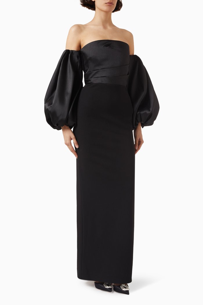 Carmen Off-shoulder Maxi Dress in Satin, Black