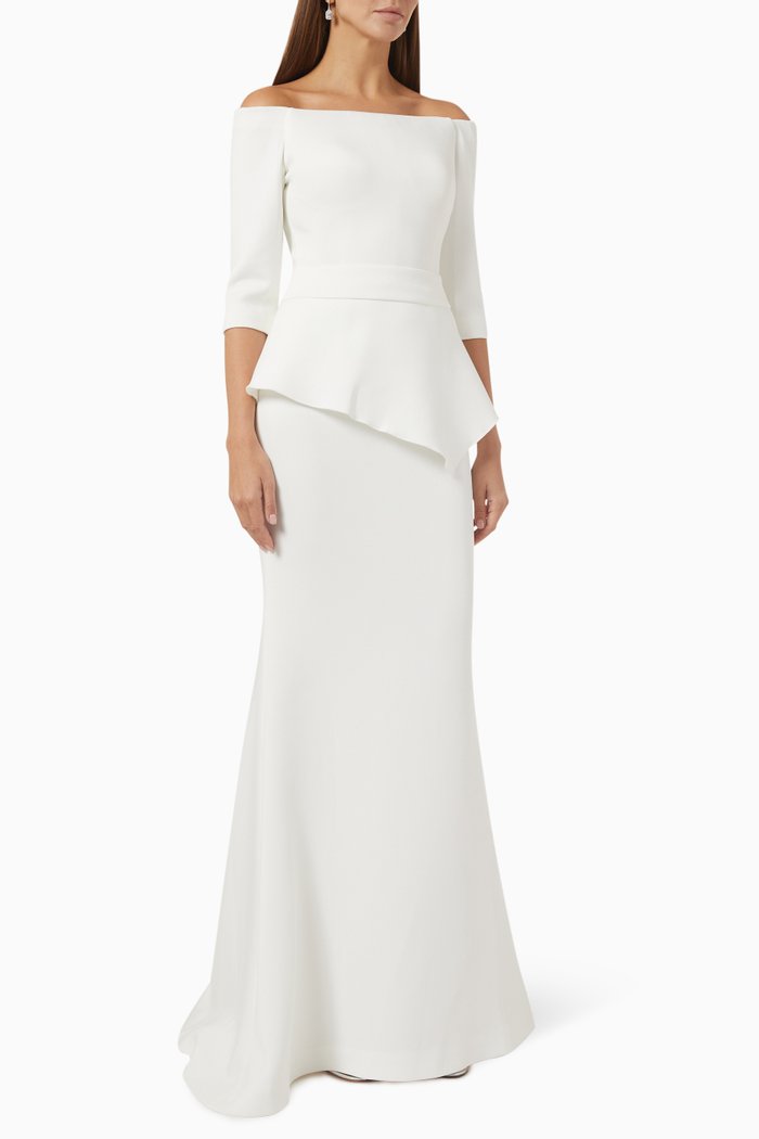

3/4 Sleeve Gown with Front Peplum, White