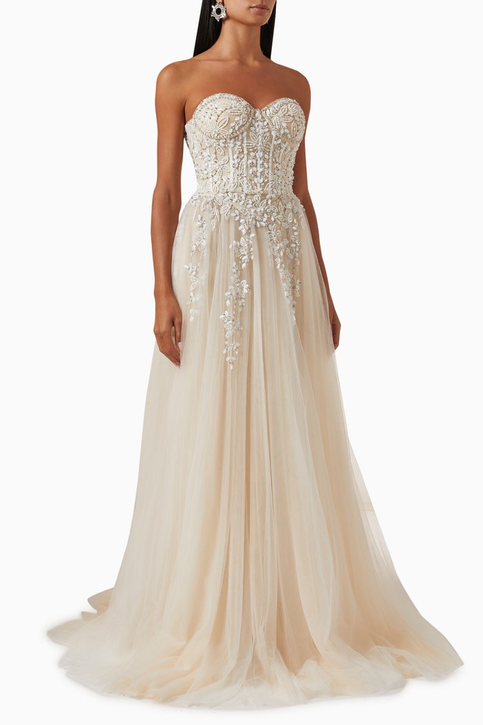 

Strapless Embellished Gown in Tulle, Neutral