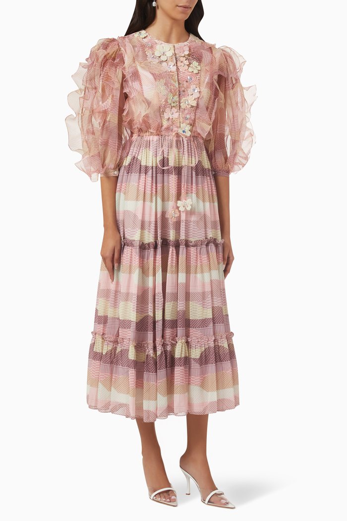 

Printed Puff Sleeve Midi Dress, Pink