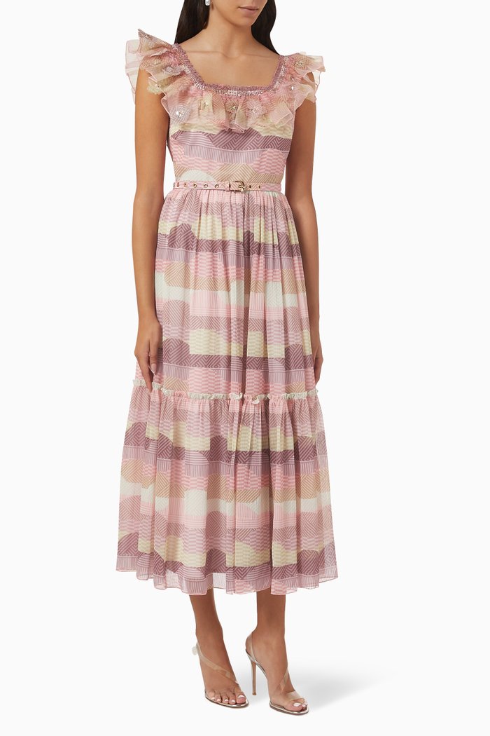 

Frill Belted Midi Dress, Pink