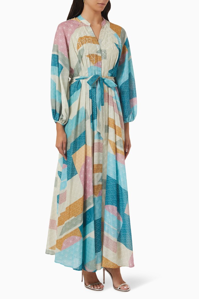 

Printed Belted Maxi Dress, Blue