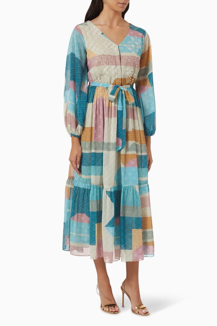 

Printed Belted Midi Dress, Blue