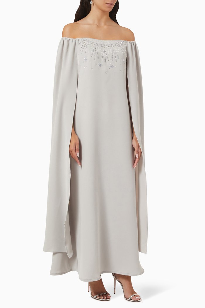 

Embroidered Off-shoulder Cape Dress, Grey