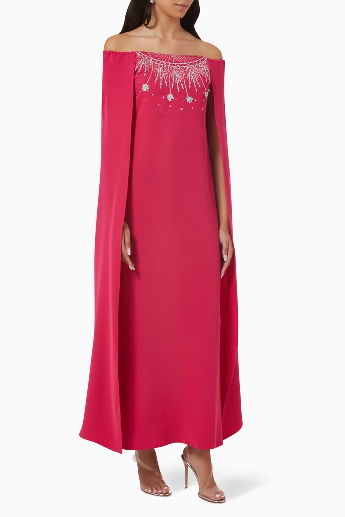 

Embroidered Off-shoulder Cape Dress, Pink