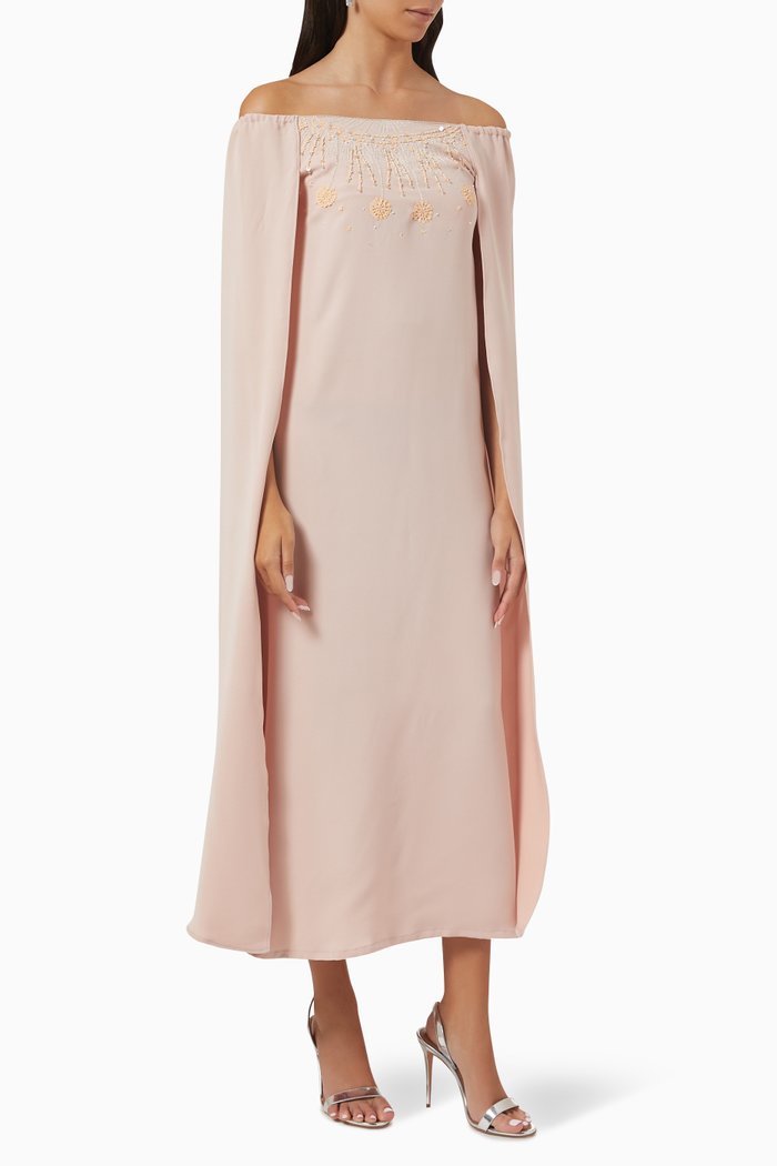 

Embroidered Off-shoulder Cape Dress, Pink