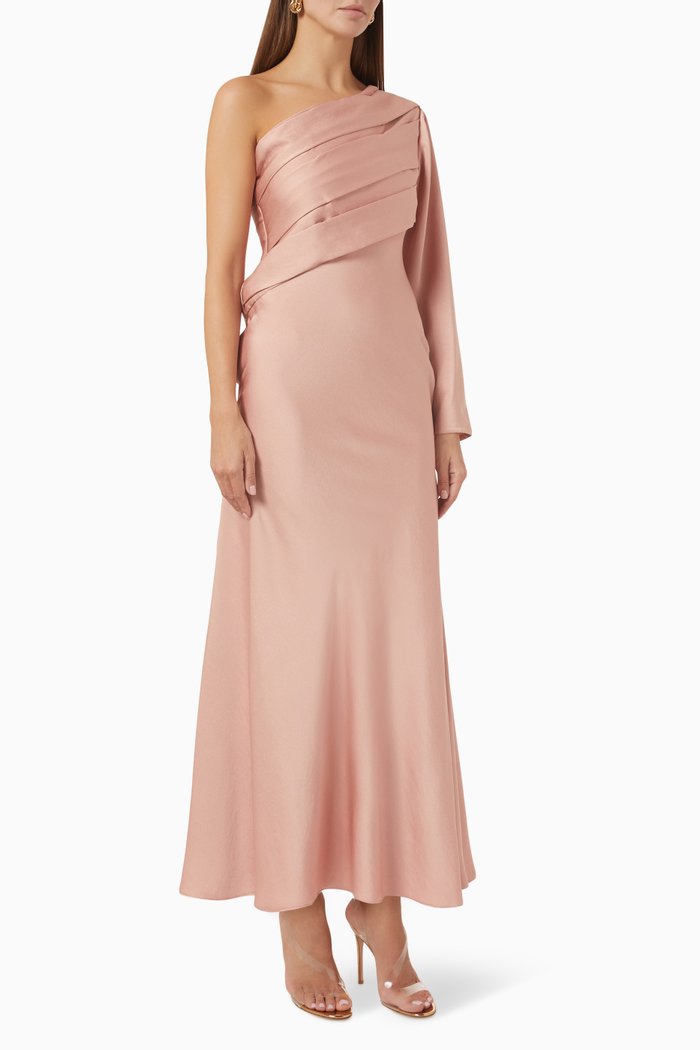 

One-Shoulder Ruched Dress in Eco Twill, Pink