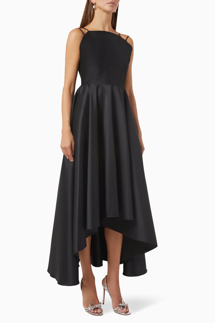 

Asymmetric Midi Dress in Satin, Black