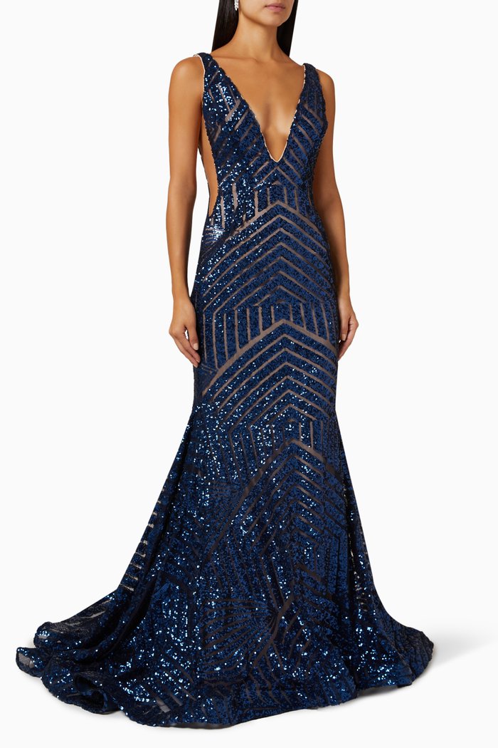 

Plunge Neckline Gown in Sequin, Blue