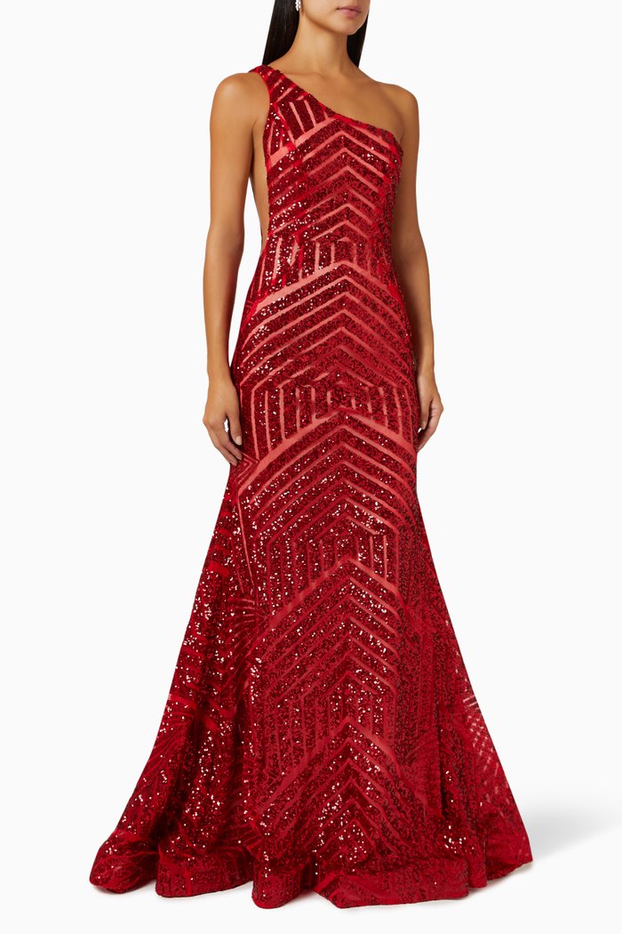 

One-shoulder Gown in Sequin, Red