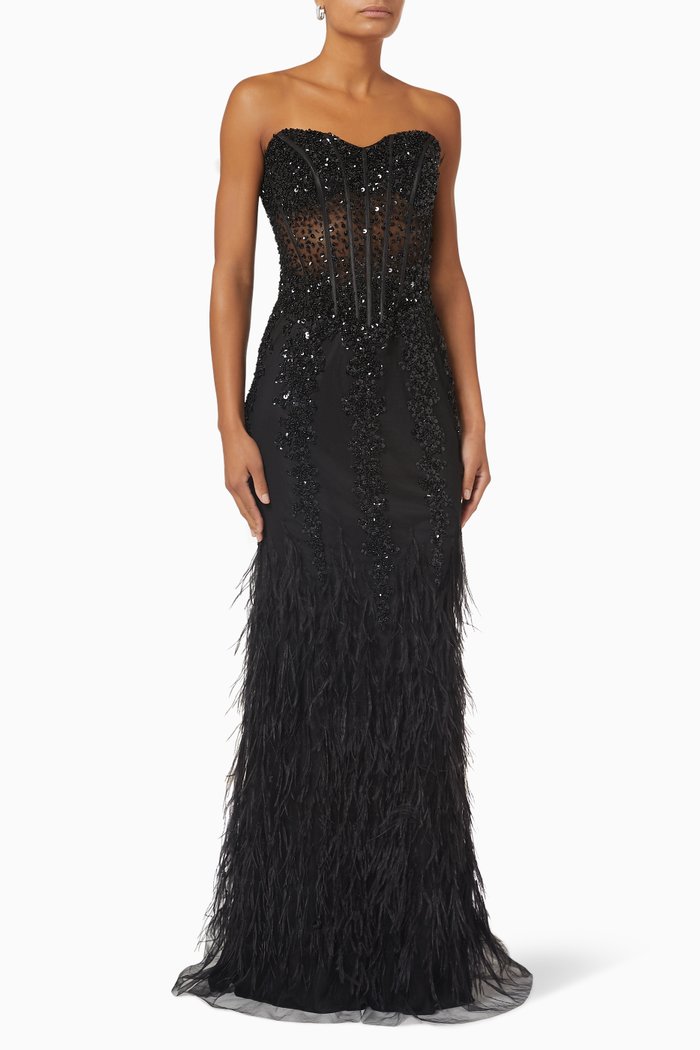 

Strapless Gown with Feathers, Black