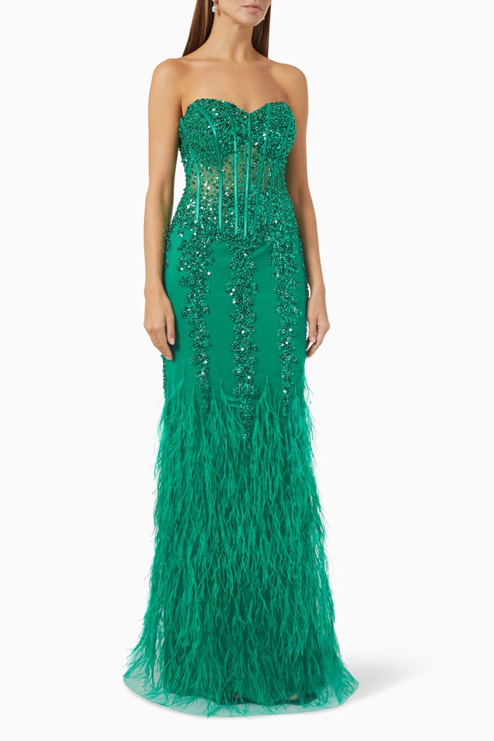 

Strapless Gown with Feathers, Green