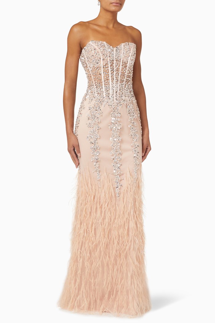 Strapless Gown with Feathers, Pink