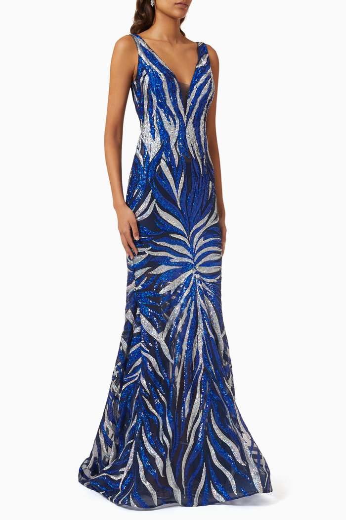 

Sequin-embellished Mermaid Gown in Mesh, Blue