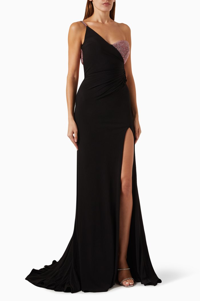 

One-shoulder Sequin Bra Gown in Jersey, Black