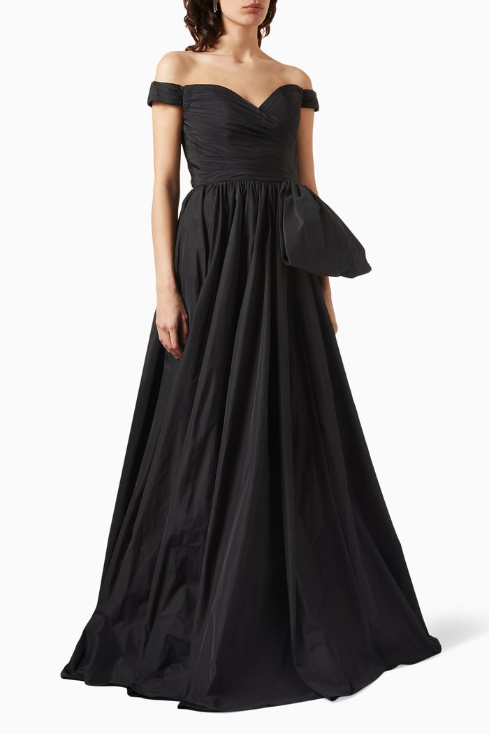 

Off-shoulder Peplum Gown in Satin, Black