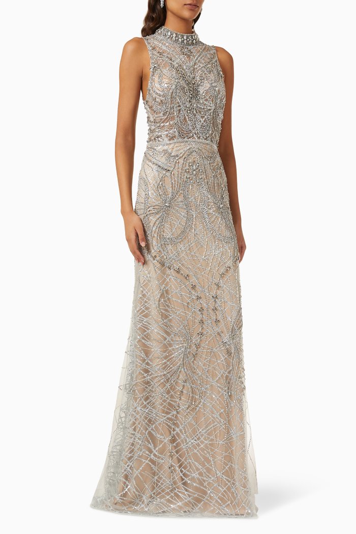 

Embellished High-neck Gown in Mesh, Silver