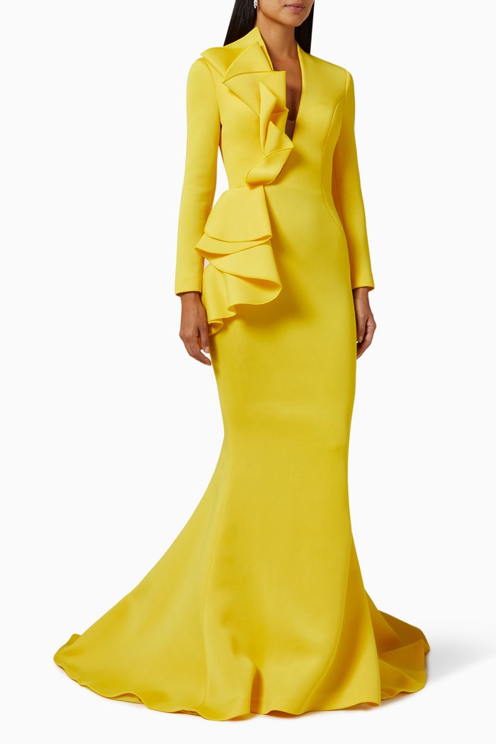 

Ruffle Long-sleeve Gown, Yellow