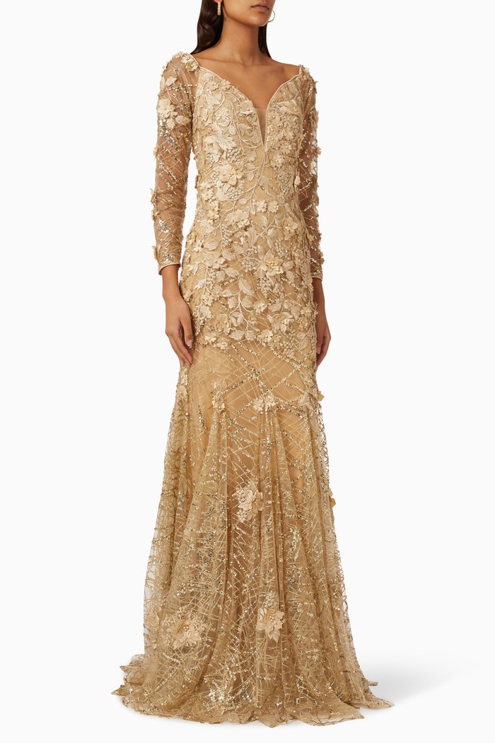 

Floral-embroidered Maxi Dress in Tulle, Gold