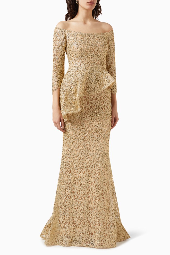 

Off-shoulder Peplum Gown, Gold
