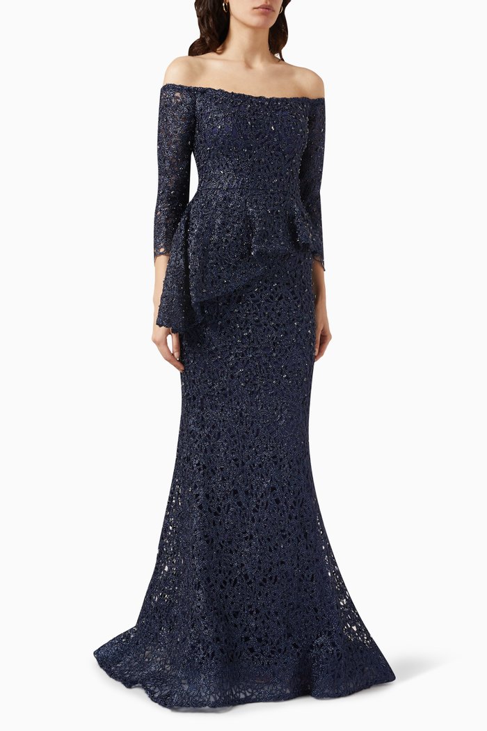 

Off-shoulder Peplum Gown, Blue