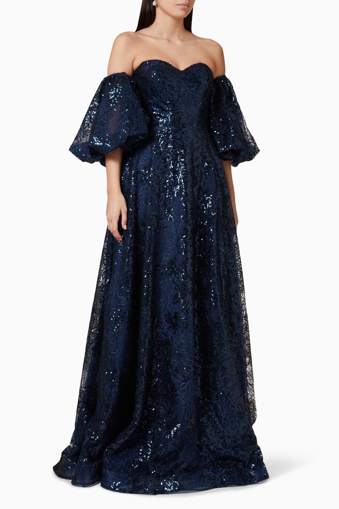 

Detachable Sleeve Strapless Gown in Glitter, Blue