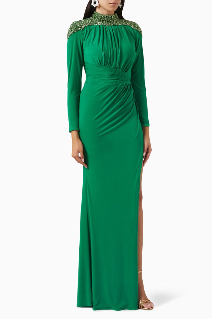 

High-neck Draped Gown in Stretch-jersey, Green