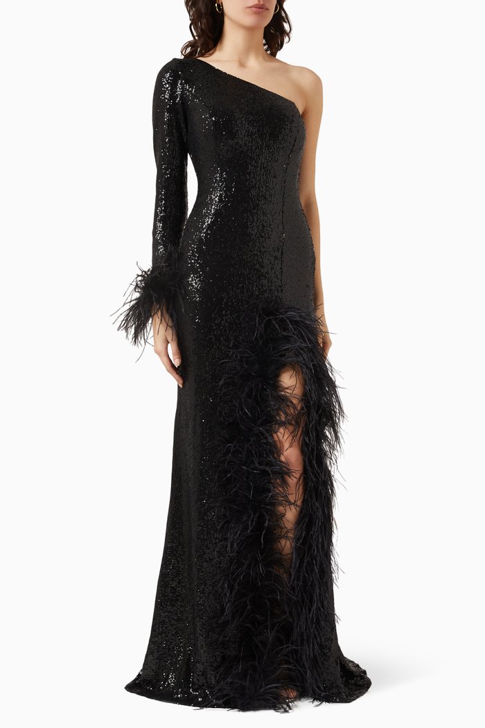 

One-shoulder Sequin-embellished Gown, Black