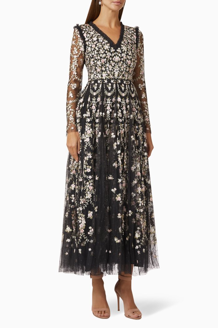 

Victoria Ditsy Embroidered Gown in Tulle, Black
