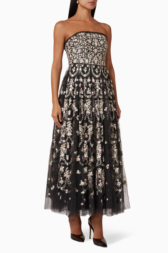 Victoria Ditsy Strapless Gown in Tulle, Black